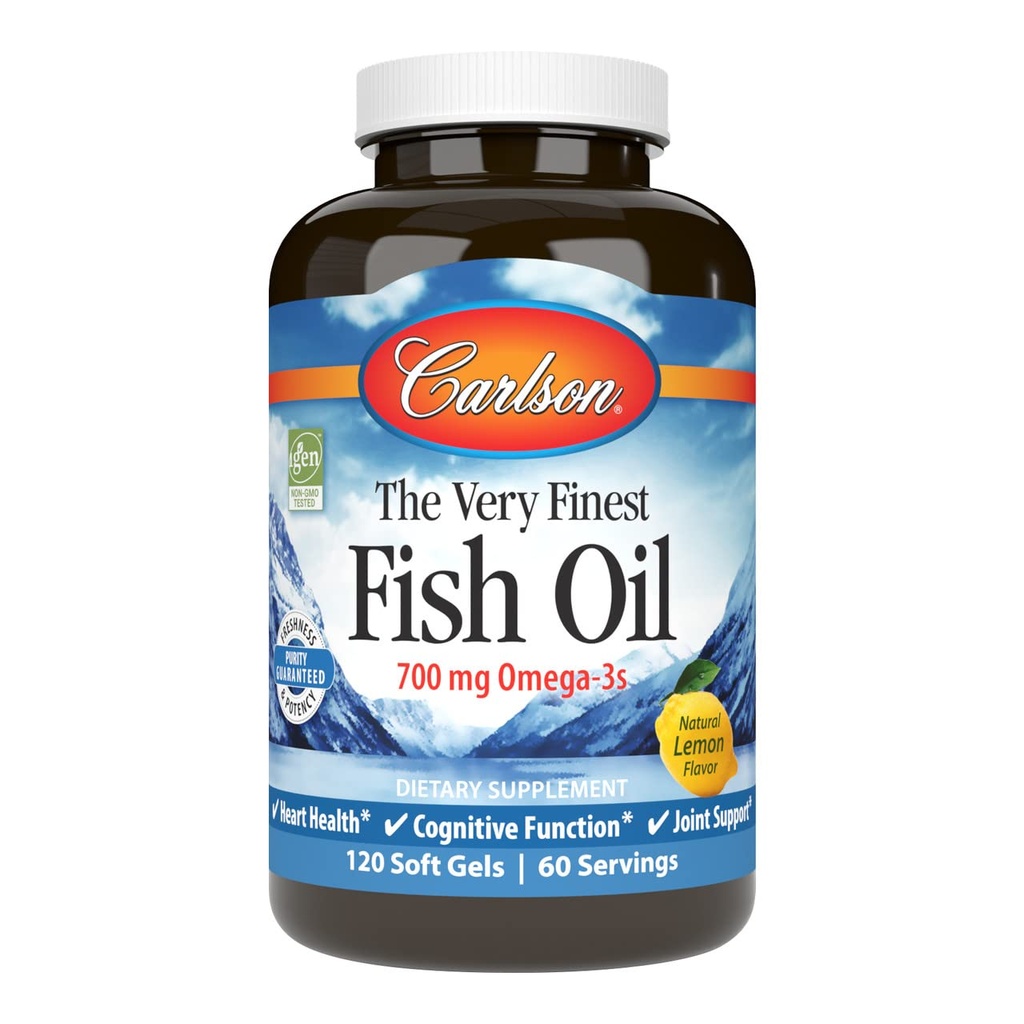Carlson - Cel mai fin ulei de pește, 700 mg Omega-3s, Norvegian Fish Oil Supplement, Wild Caught Omega-3 Fish Oil, Susținely Source Oil Capsules, Omega 3 Supliment, Lemon, 120 Softgels