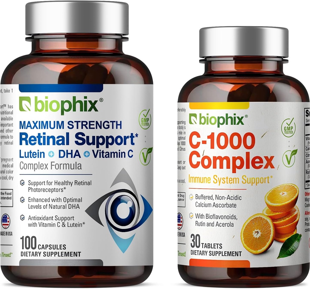 Biophix Retinal Support Complex maxim de rezistenţă Formula 100 Capsule - Free C- 1000 30 Tablete - Zinc Vitamina C E Lutein DHA Omega-3 Astaxanthin Acid hialuronic - Susţine viziune oculară Sănătate