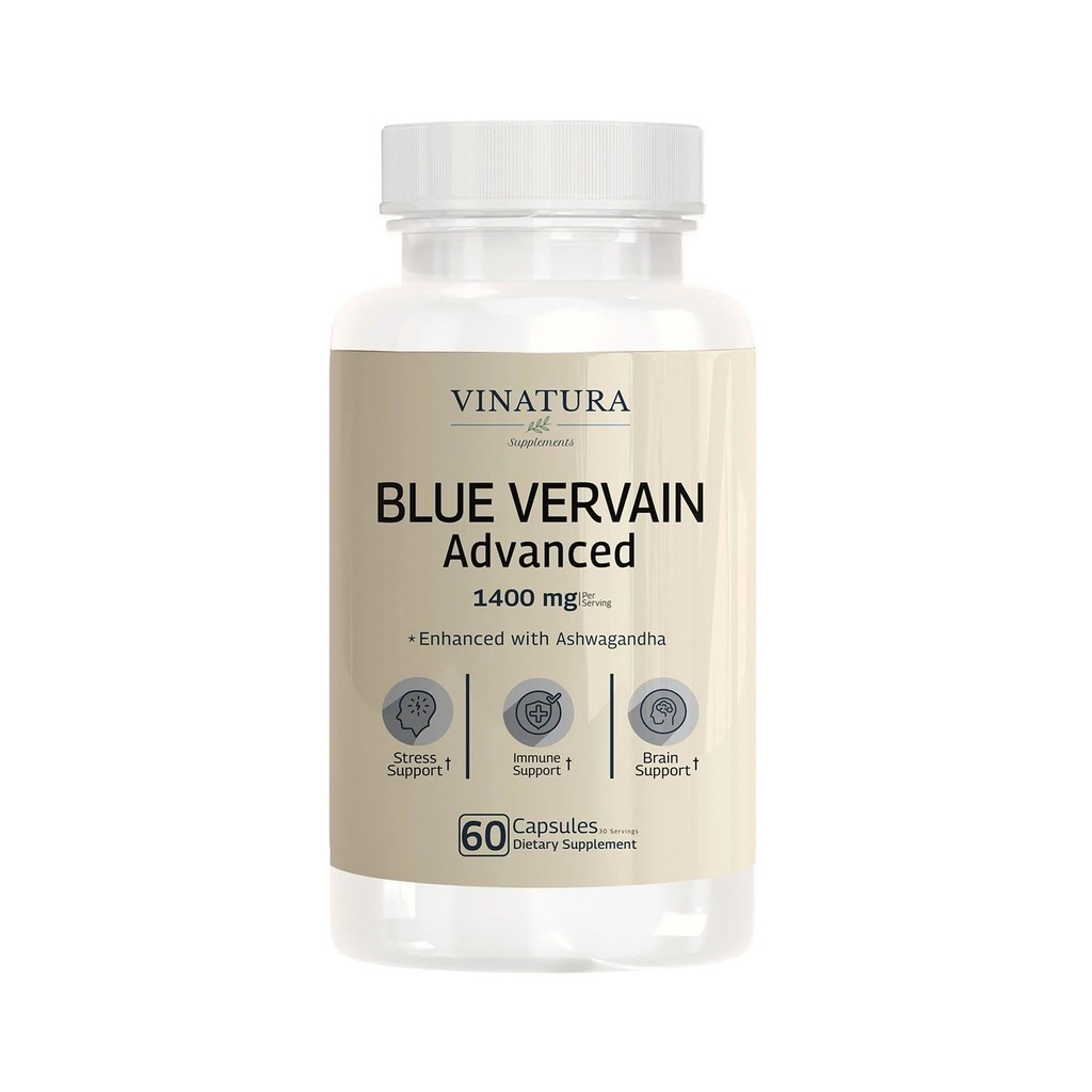 VINATURA Blue Vervain Avansat cu Ashwagandha - 1400 mg pe serv, Blue Vervain Capsule, Blue Vervain Ceai Alternative, Brain Health, Stresss Relief, Ashwagandha Suplimente - 60 Capsule