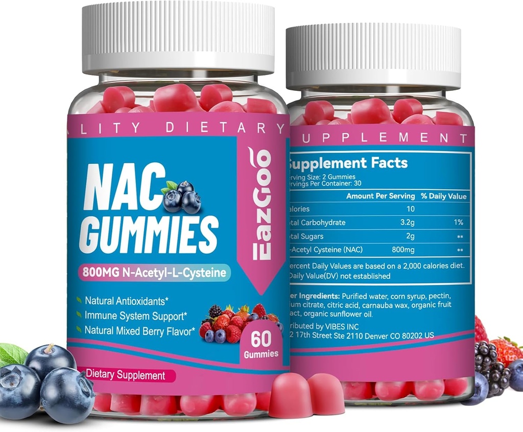 NAC Gummies 800mg, N-Acetyl Cysteine Supliment, NAC Supliment pentru sistemul imunitar & antioxidant, Non-GMO, Gluten Free, Vegan - 120 Counts