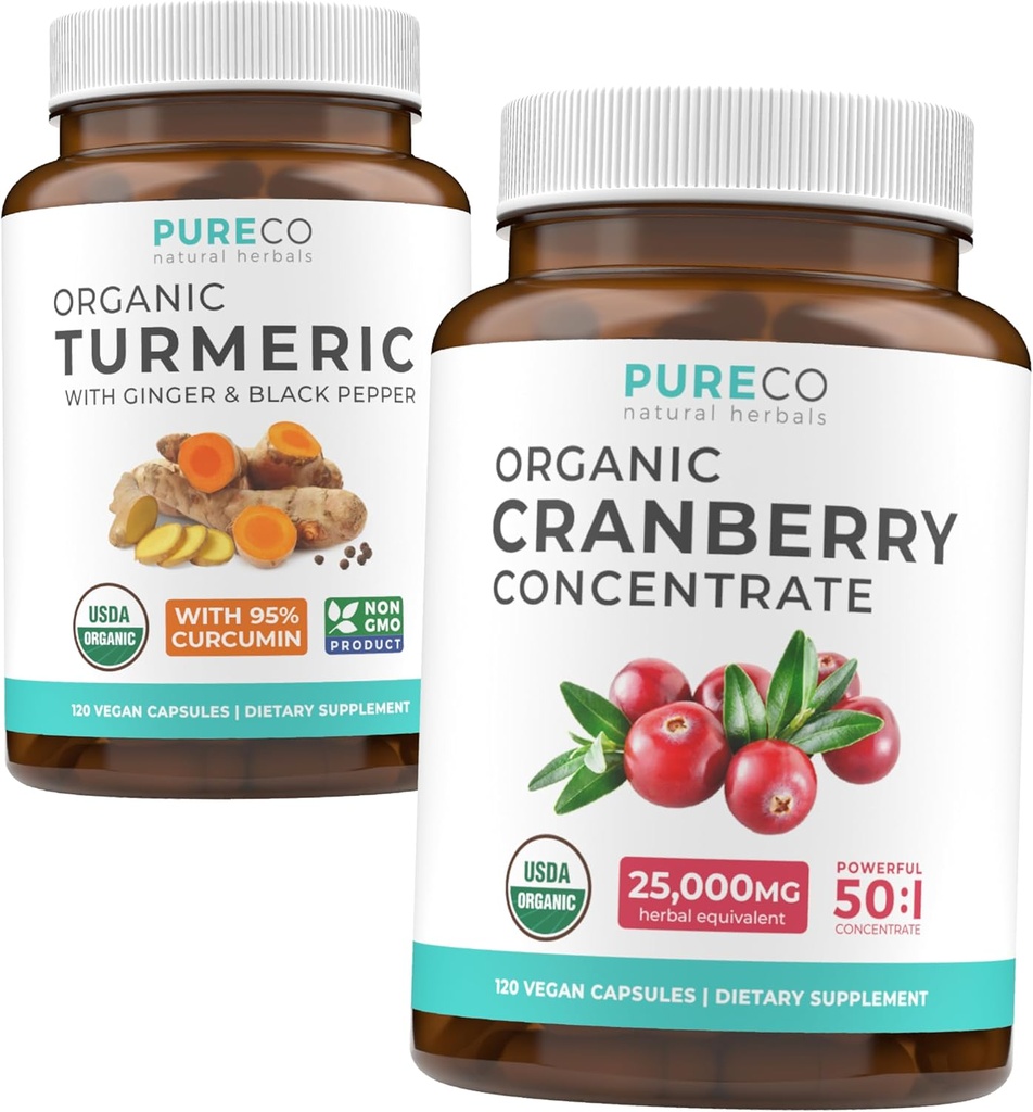 Turmeric și concentrat de afine (4-Lonth Supply) Cranberry Curcumin Bundle of Organic Turmeric Curcumin with Black Pepper & Ginger (120 Caps) & Organic Cranberry Concentrat 50:1 Extract (120 Caps)