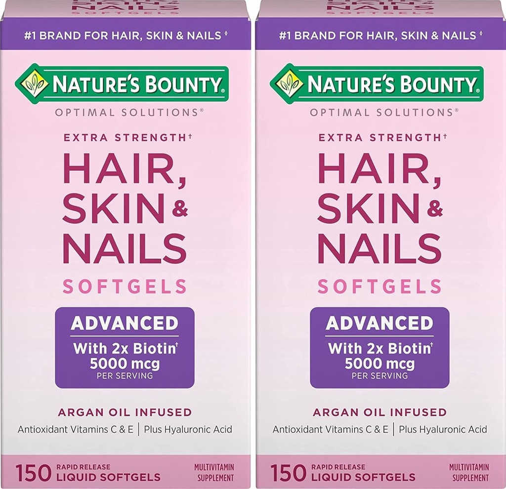 Natura's Bounty Hair, Skin & Nails Rapid Release Softgels, Argan-Infuzat Vitamina Supliment cu Biotin și acid hialuronic, Sprijină Hair, Piele și unghii Sănătate pentru femei, 150 Conte (Pachet de 2)