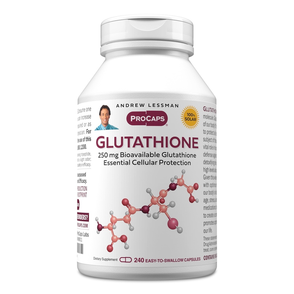 ANDREW LESSMAN Glutatione 250 mg - 240 capsule - puternic antioxidant, reduce stresul oxidativ. Biodisponibil, Protejează celulele, ţesuturile, organele. Susţine sănătatea imună. Capsule uşor de înghiţit.
