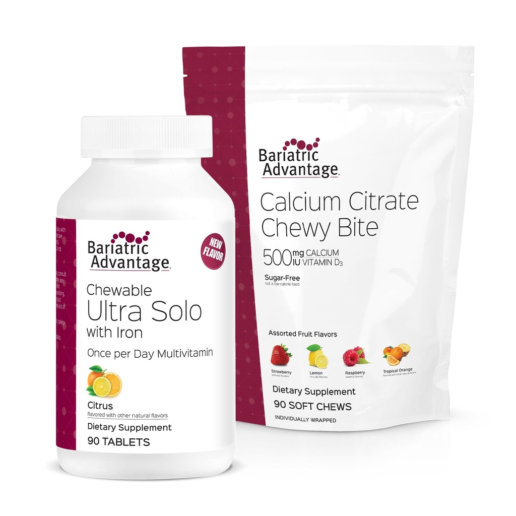Avantaj bariatric Ultra Solo masticabil cu fier - Citrus, 30 Count şi Citrat de calciu Chewy Bites 500 mg - Asortate aroma de fructe,90 Conte
