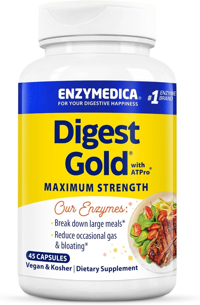 Enzymedica Digest Gold + ATPro, Formula enzimatică pentru concentraţia maximă, previne balonarea şi gazul, 14 enzime cheie incluzând Amylase, Protează, Lipază şi Lactază, 45 capsule (FFP)