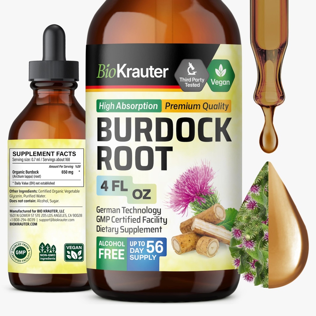 BIO KRAUTER Brodock Root Tincture - Suport antioxidant supliment lichid - extract de rădăcină de brusture - alcool și zahăr gratuit - picături vegan 4 Fl.Oz.
