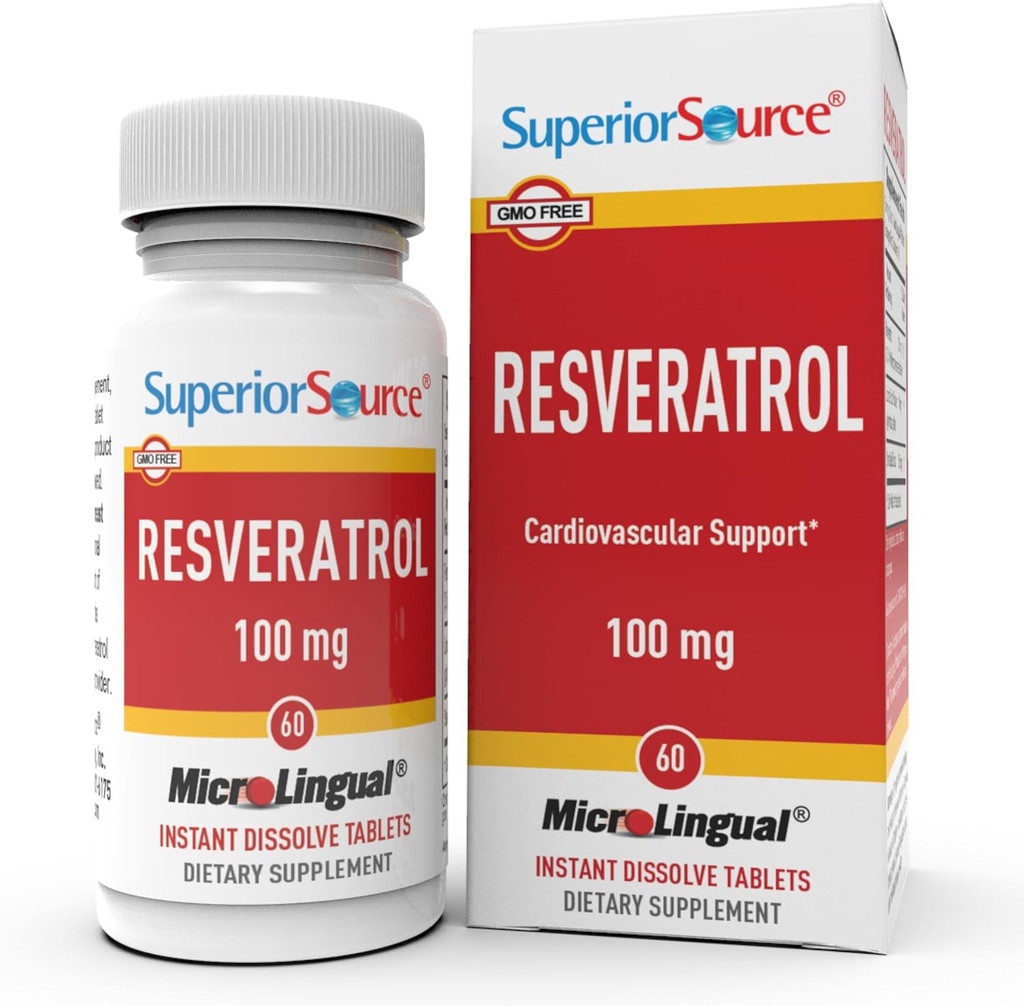 Resveratrol sursă superioară 100 mg - Supliment alimentar pentru imbatranire sanatoasa - Suporturi Brain & Heart Health - non-GMO & Gluten-Free - 60 comprimate MicroLingual-Dizolvare instant