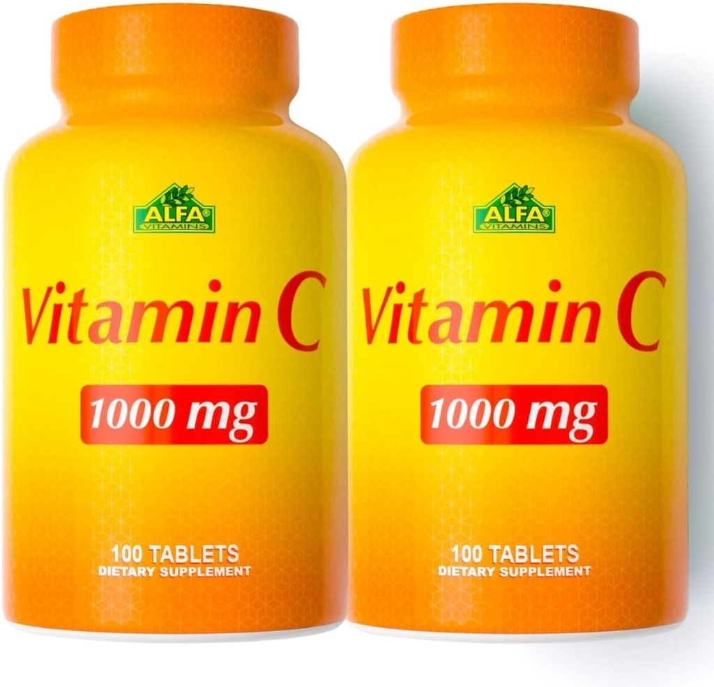 ALFA VITAMINS Vitamina C Supliment 1000mg, puternic antioxidant pentru suport imunitar și sănătos piele, promovează formarea coligen, Supliment alimentar pentru wellness zilnic, 100 comprimate, 2 flacon ambalaj