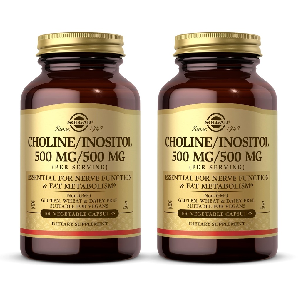 Solgar Choline/Inositol 500 mg/500 mg, 100 Capsule vegetale (Pachetul de 2) - Metabolism energetic, sanatatea ficatului, esential pentru functia cerebrala si nervoasa - non-GMO, Vegan, Kosher - 100 Serviri totale