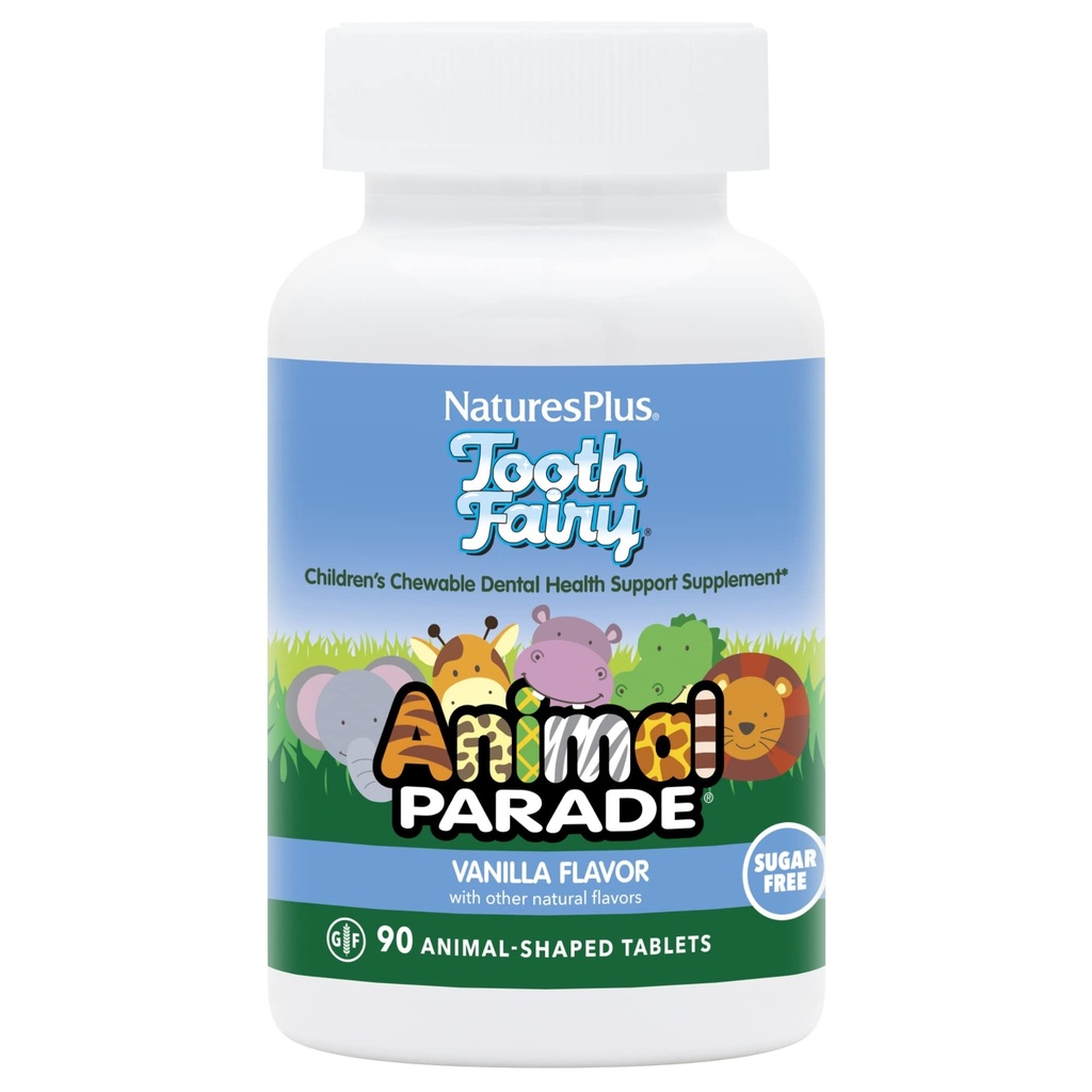 Naturas Plus Animal Parade Tooth Fairy copii masticabile - Aroma de vanilie naturale - 90 comprimate de origine animală - Suplimentul de sănătate dentară - vegetarian, gluten gratuit - 45 Serviri