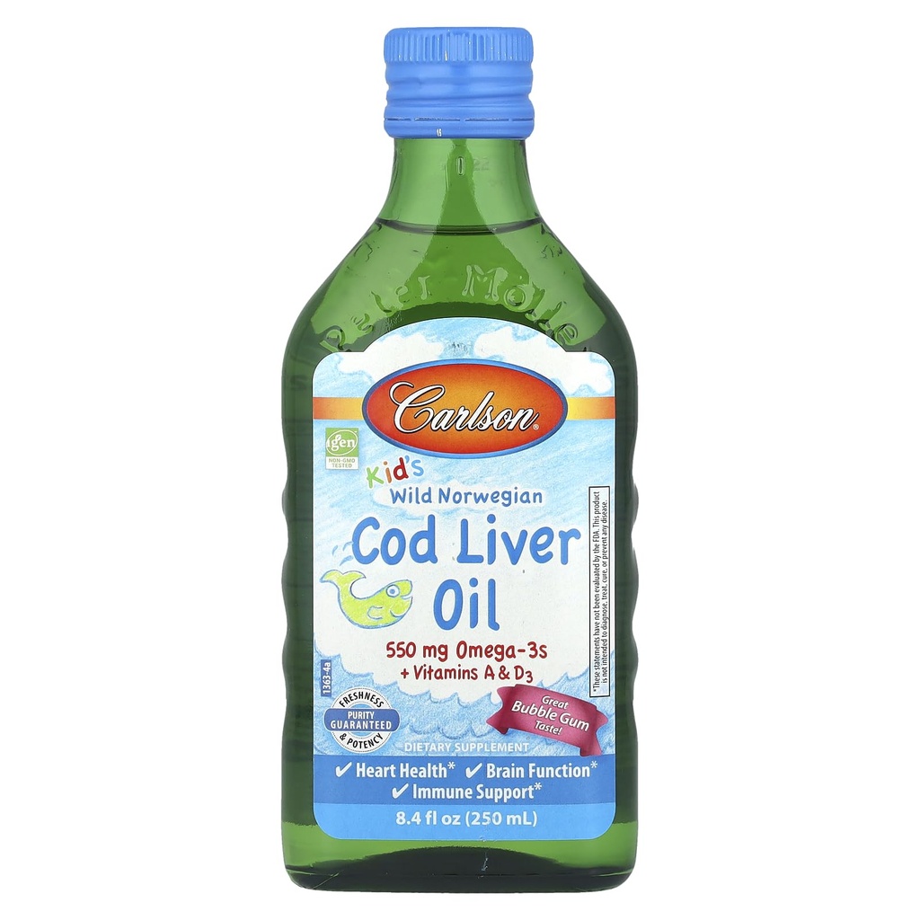 Carlson Kid's Wild Norway, Cod Ulei de ficat + Vitamine A & D3, Gumă de mestecat, 8,4 fl oz (250 ml)