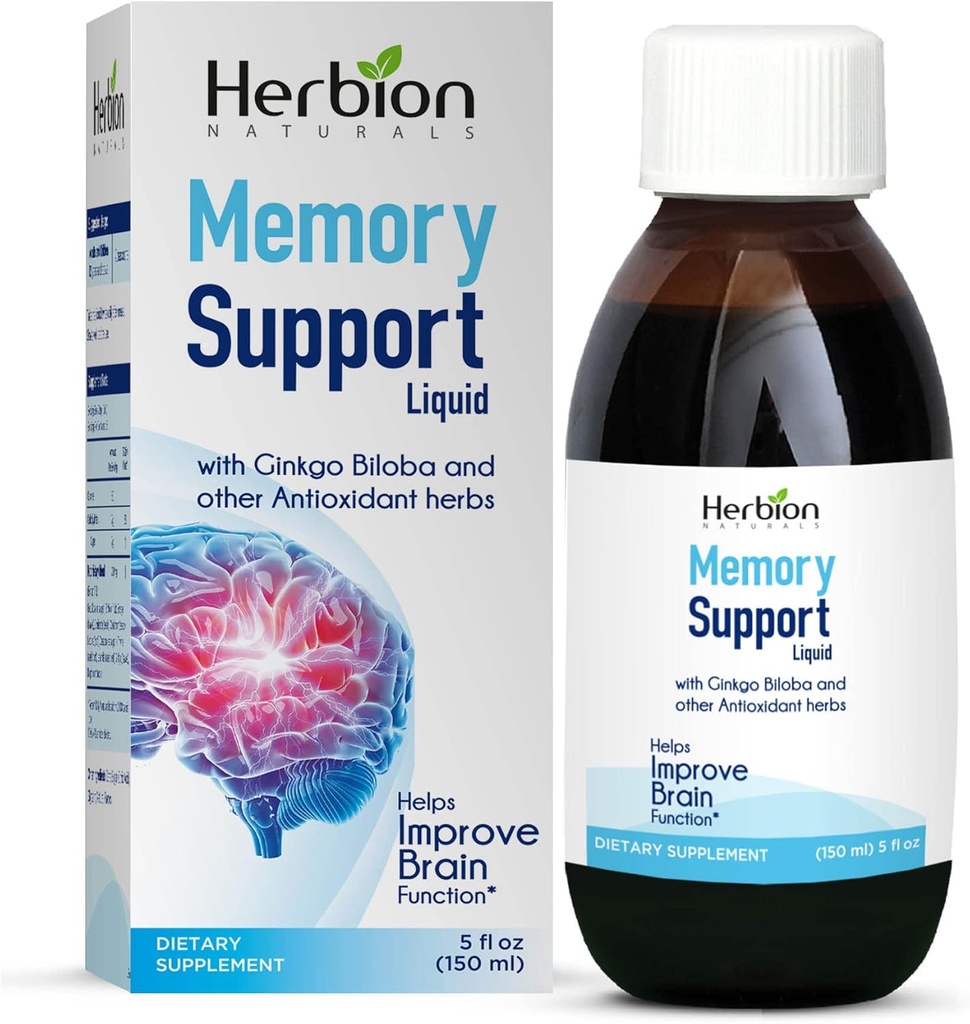 HERBION Naturals Memory Support Lichid - Ajuta la imbunatatirea functiei creierului si a facultatii mintale Absente, mentine nivele sanatoase de dispozitie cu Ginkgo Biloba, Adulti si copii peste 12 ani, 5 fl oz, 150 ml