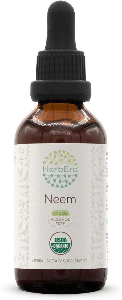 HerbEra Neem B60 Extract de plante fără alcool Tinctură, Picături lichide concentrate naturale USDA Organic (Azadirahta Indica) Frunză uscată (2 fl oz)