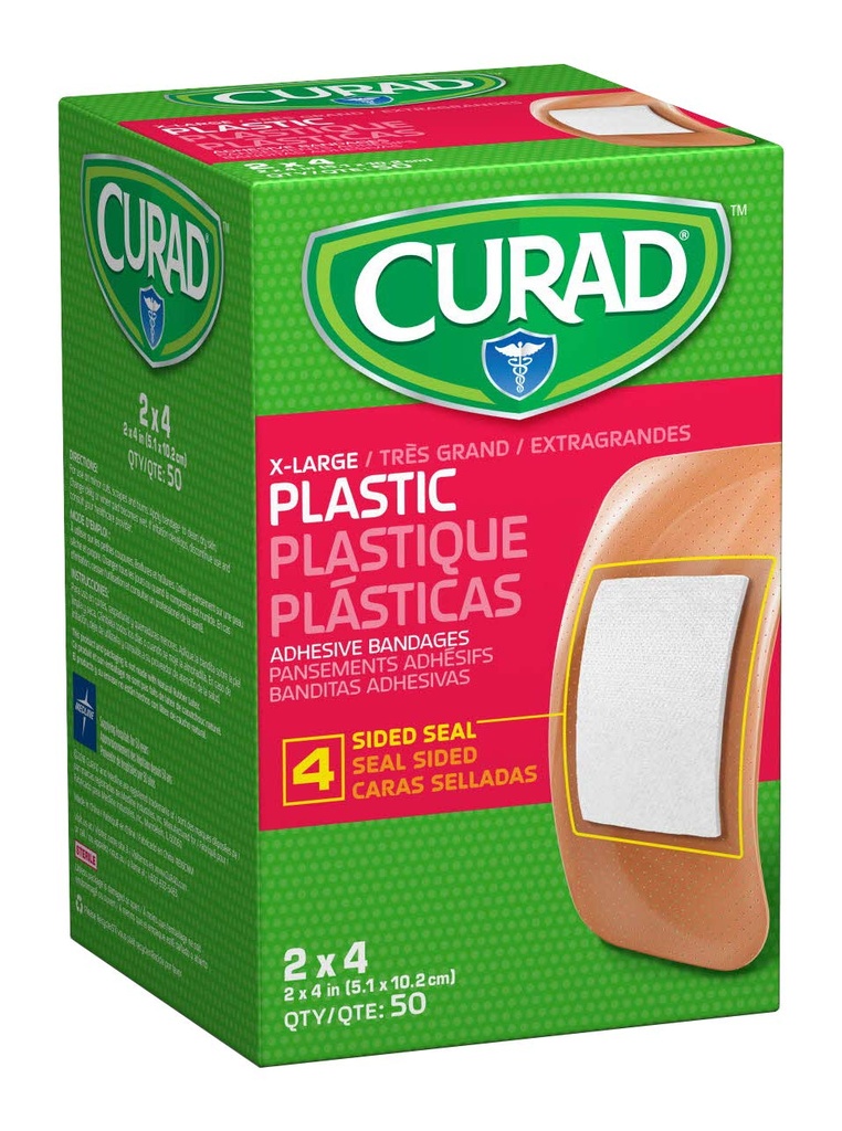 Bandaje adezive din plastic CURAD 2" x 4," Nefabricate din Latex de cauciuc natural, Pachet de 600