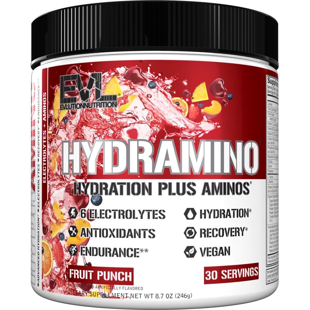 Evlution Nutrition HYDRAMINO Multiplicator complet de hidratare, Toate 6 Electroliti, Vitamina C & B, Fluid Boosting Aminos, Apa de Coconut, Rezistenta, Recuperare, Antioxidanti, 30 Serveste, Punch de fructe