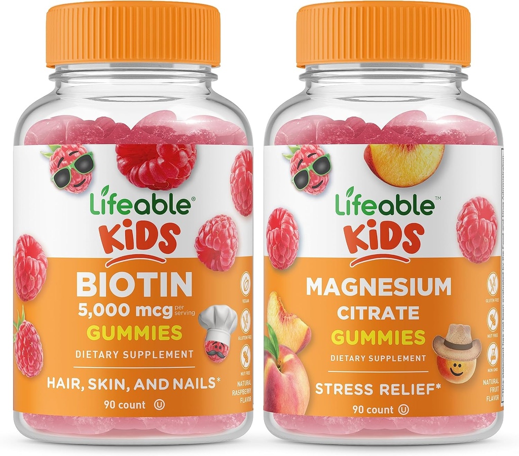 Biotina de viață Copii + Citrat de magneziu Copii, Gume Bundle - mare Tasting, Supliment de vitamine, Gluten gratuit, OMG-uri Gratuit, Guma de mestecat