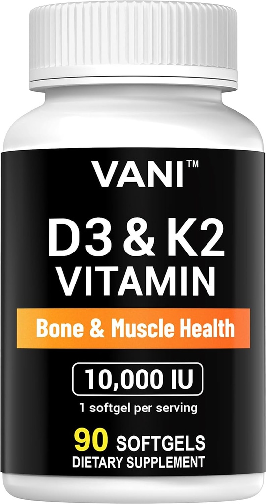 Vitaminele VANI D3 (10000iu/250mcg) + K2 (ca Mk7), pentru sănătatea osoasă și musculară și a dinților, 90 SOFTGELS