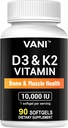 Vitaminele VANI D3 (10000iu/250mcg) + K2 (ca Mk7), pentru sănătatea osoasă și musculară și a dinților, 90 SOFTGELS