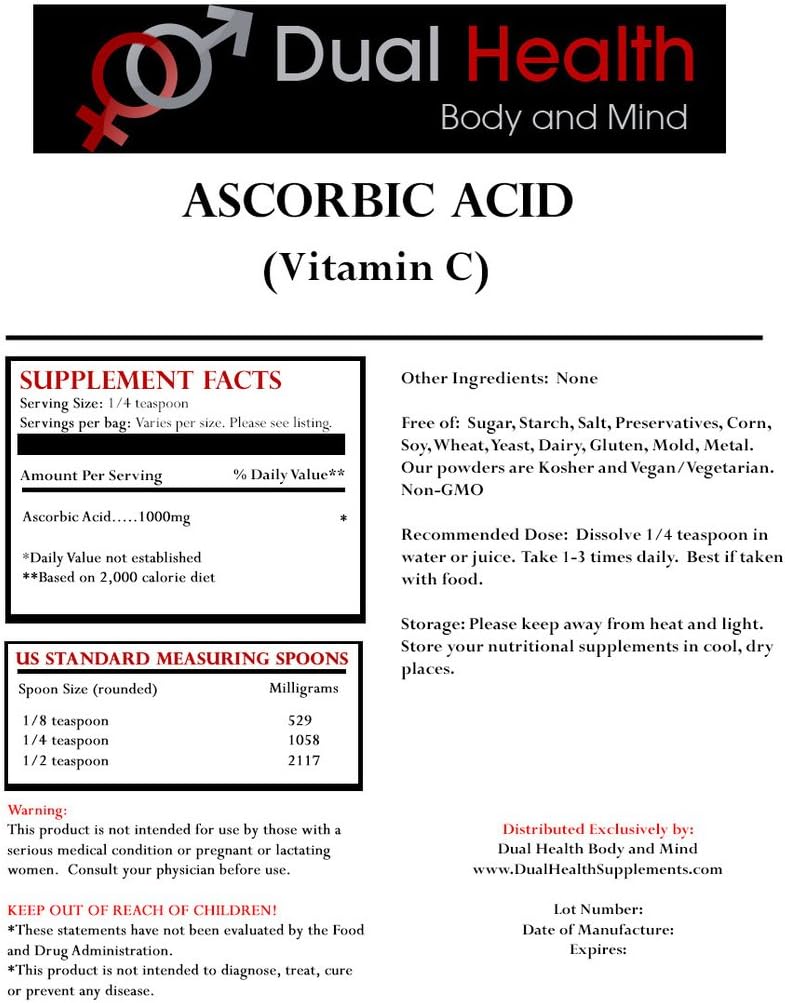 Dual Health Body & Mind 1 (1 lb) Sac de fiecare acid ascorbic (Vitamina C) & MSM (Metilsulfonilmetan) Pulbere Combo