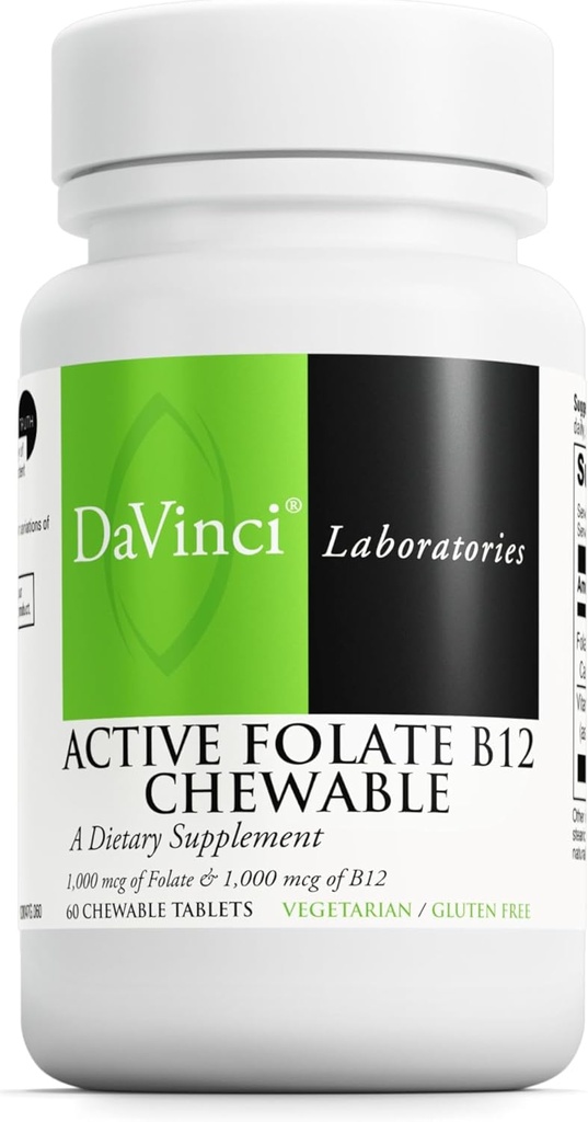 DAVINCI Labs Folate Active B12 Chewable - Supliment alimentar pentru a sprijini Heart Health, Nervii Sănătoși, Funcția Imună și Producția de energie * - cu Folate și vitamina B12-60 comprimate masticabile