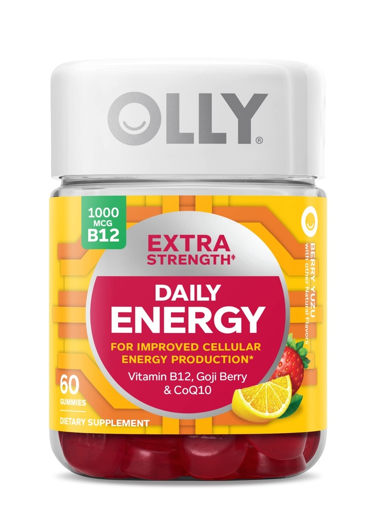 OLLY Extra Putere de energie zilnica Gummy, Cafeina gratuit, 1000mcg Vitamina B12, CoQ10, Goji Berry, Adult Chewable Supliment, Berry Yuzu Aroma - 60 Conte