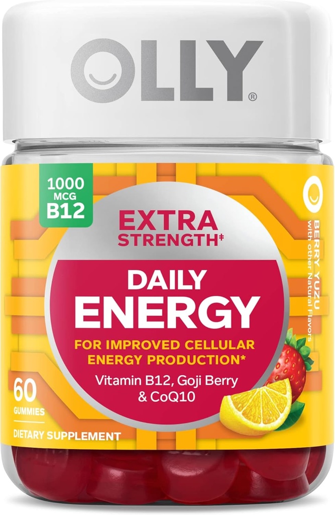 OLLY Extra Putere de energie zilnica Gummy, Cafeina gratuit, 1000mcg Vitamina B12, CoQ10, Goji Berry, Adult Chewable Supliment, Berry Yuzu Aroma - 60 Conte