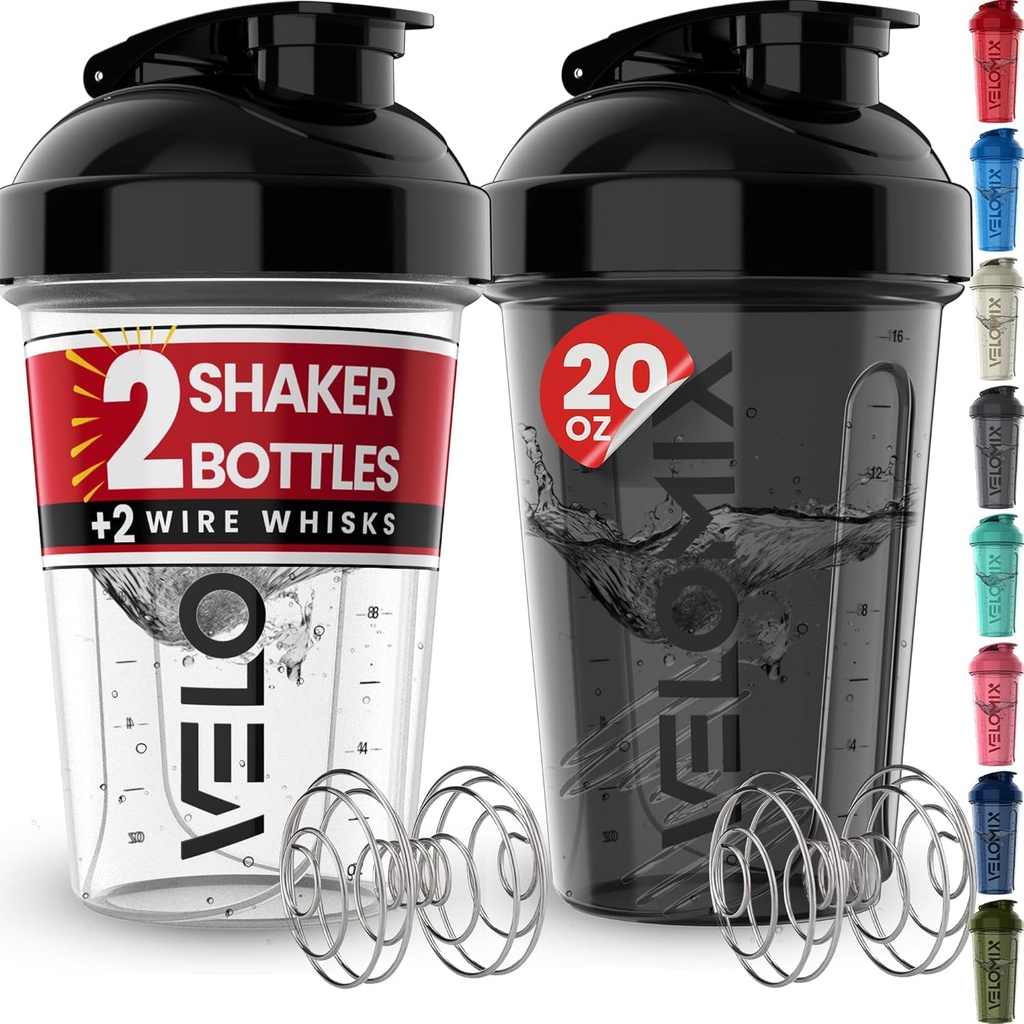 VELOMIX -2 Pack- 20 oz Proteine Shaker Sticle pentru amestecuri de proteine - 2x sârmă Whisk 