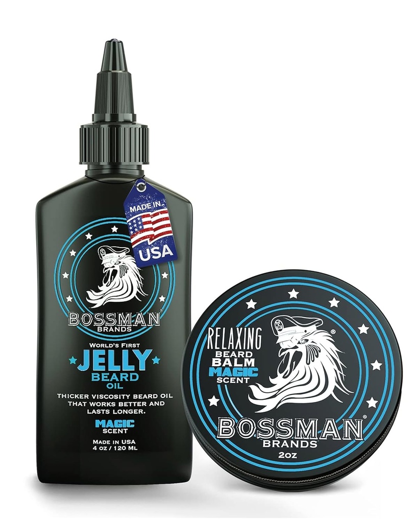 Bossman Jelly Beard Oil for Men & Beard Balm for Men Combo - Softens, Tames Moisturizes & Conditions - Magic Scent - Natural Ingredients & Made in USA