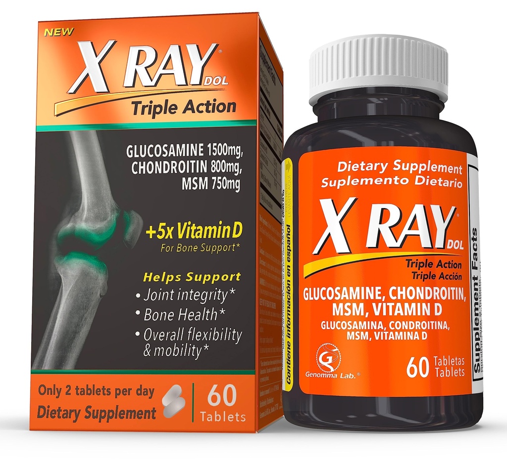 X Ray Dol Triple Acţiune Suport comun cu Glucosamine 1500mg, Chondroitin 800mg, MSM 750mg şi 5X Vitamina D pentru articulaţii sănătoase, Oase şi Cartilage - 60 Conte pe flacon - 1 ambalaj