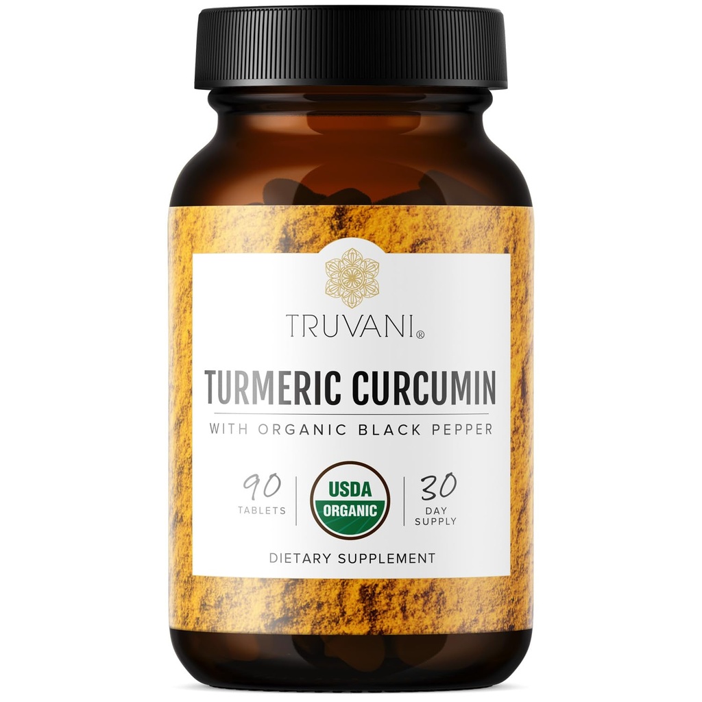 Truvani Organic Turmeric Curcumin tablete 1,350 mg Fiecare - Suport comun natural cu Pepper negru pentru absorbţie - 90 comprimate