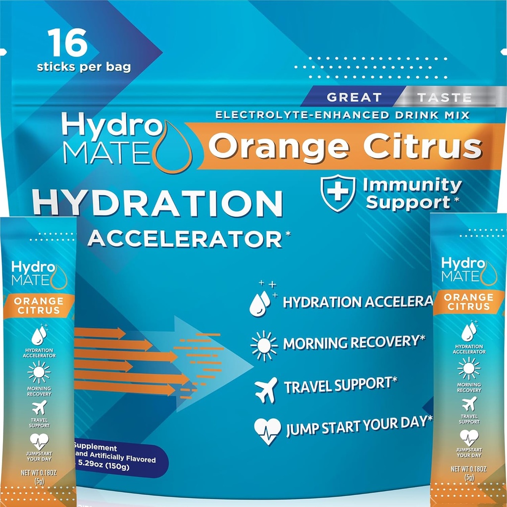 HidroMATE Electroliti pulbere cu zahăr scăzut - 16 pachete de hidratare instant cu vitamina C Orange pentru a stimula energia - Electroliti mici de zahăr Pachete de pulbere pentru a sprijini hidratarea pentru recuperare rapida petrecere