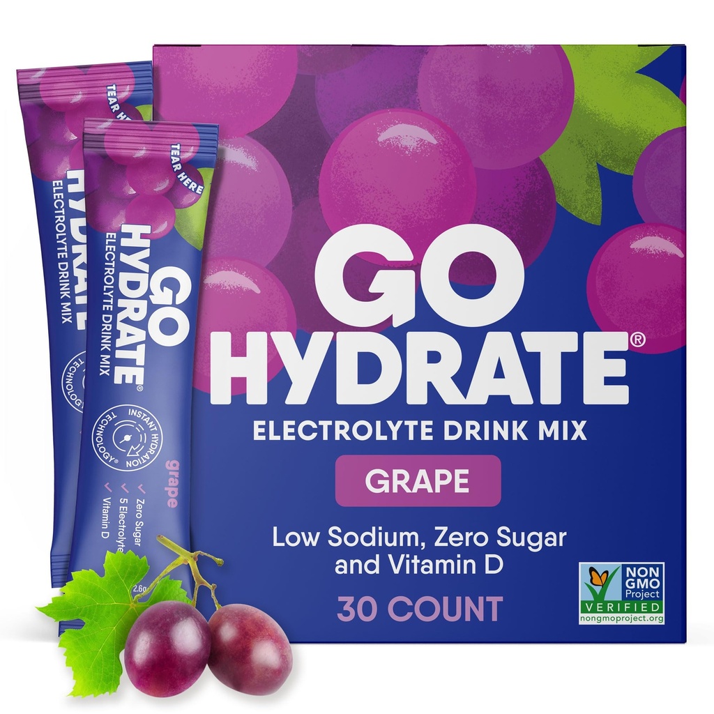 Pachete cu praf de hidratare instant GoHydrate - Electroliţi cu sodiu scăzut Băutură Mix - Suport natural de hidratare, Electrolit fără zahăr Băutură cu vitamina D, 30 Pachete, Struguri