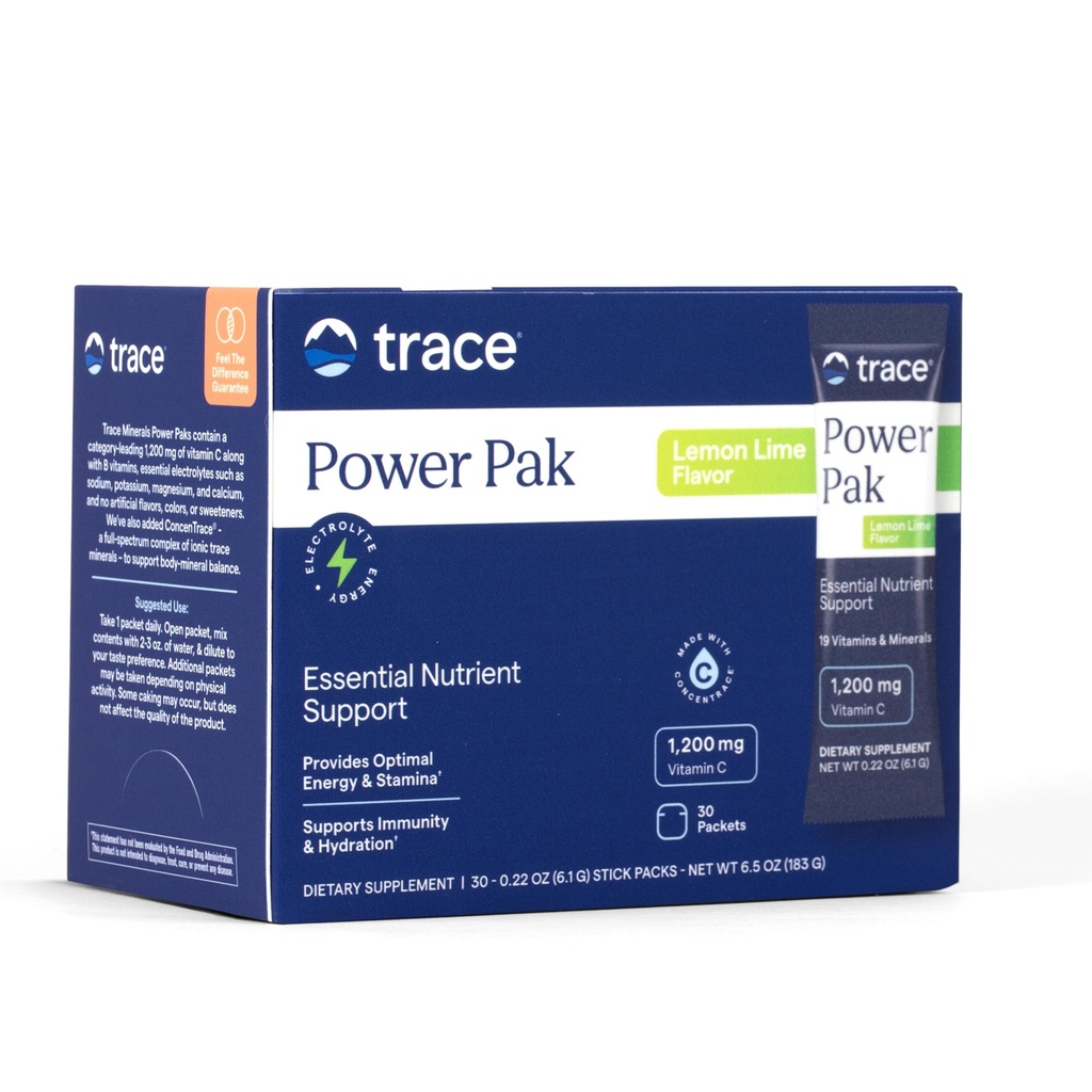 Trace Minerale Putere Pak Multivitamine si Pachete Multiminerale - Suport Electrolit - 1200 mg Vitamina C plus 70+ Minerale Trace - Aroma de lamaie - 30 Pachete