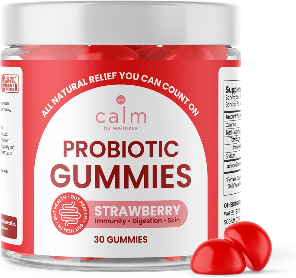 Calm de Wellness Probiotic Gumies, Strawberry-Flavored, toate-naturale Vegan Probiotice pentru adulți, 10 Miliarde CFU, Probiotic pentru Regularitate Digestivă, Imunitate, Skin Health and Gut Health