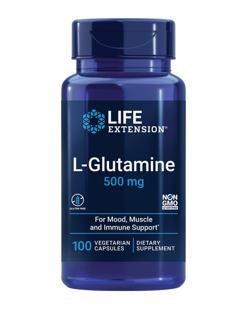 Extensie de viaţă L-glutamină, L-glutamină 500 mg, Aminoacid, Susţine sănătatea musculară şi imună, Gluten-Free, non-GMO, 100 Capsule vegetariene