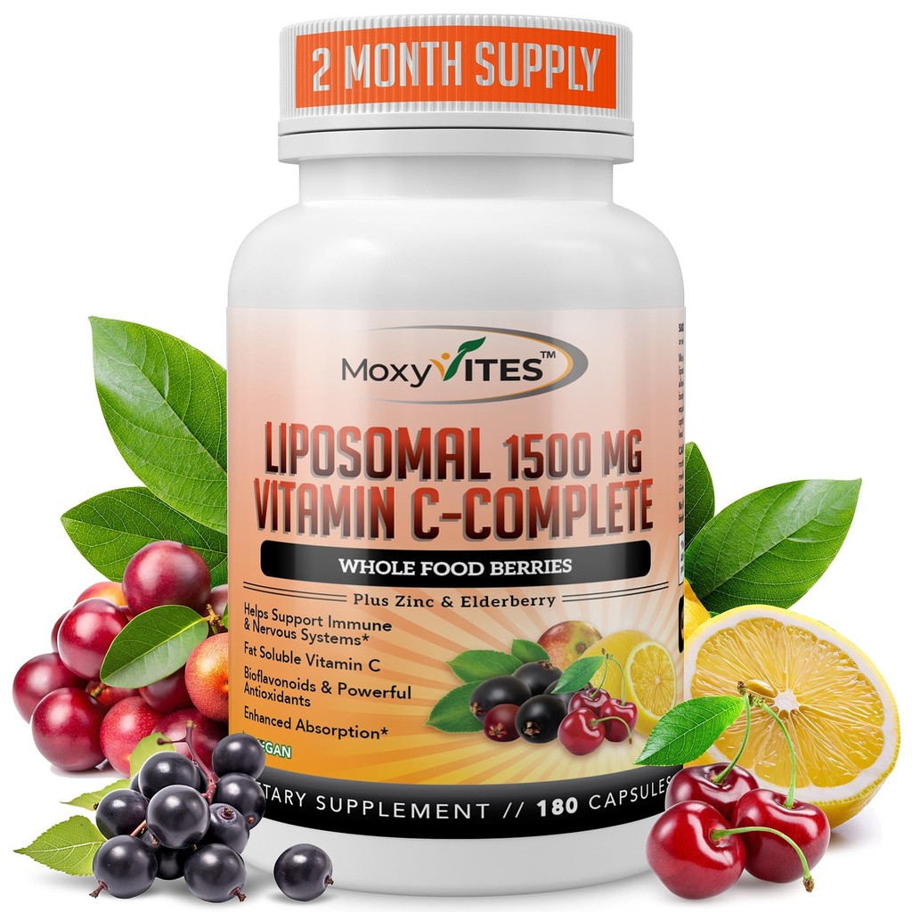 Vitamina lipozomala C cu capsule de zinc - Vit C Elderberry organic, Amla, Camu Camu- Vitamina C Absorbție ridicată, Anti-Îmbătrânire, Suport imun,1500 mg/Serving 3 Luna de aprovizionare Gluten gratuit de legume fără OMG