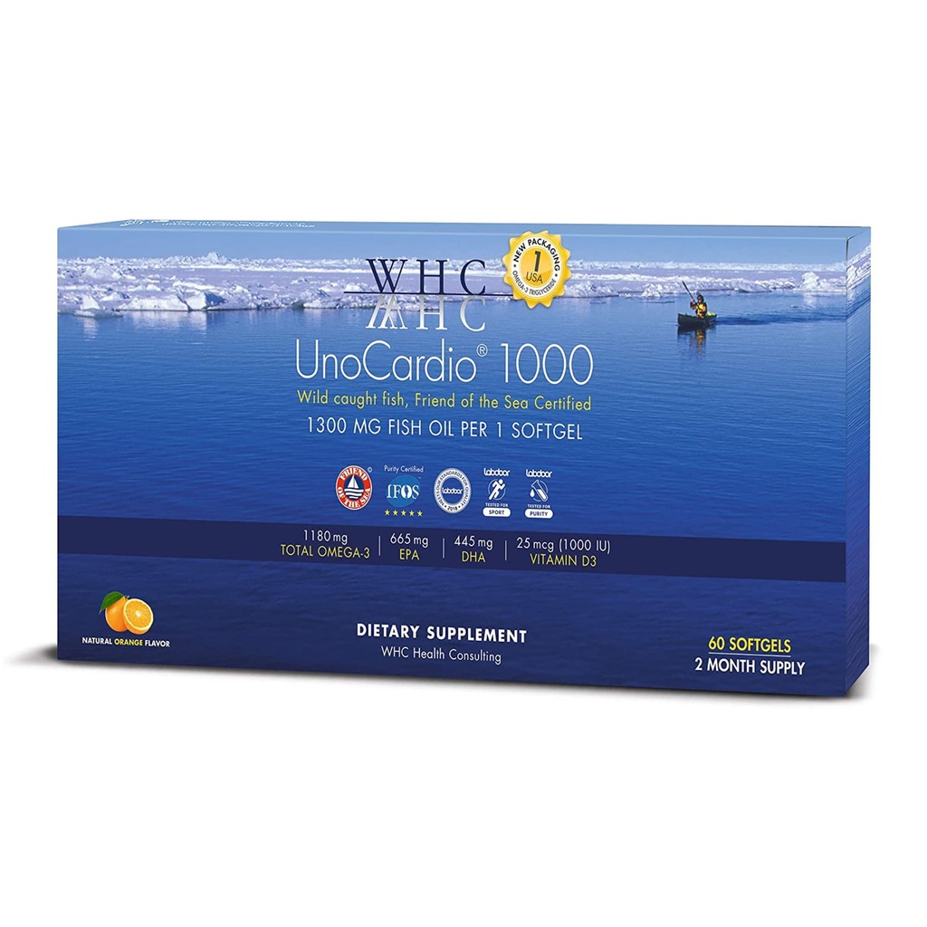 WHC, UnoCardio 1000 Ulei de pește, 1300 mg ulei de pește pur trigliceride cu Omega-3 ( 1180 mg), 665 mg EPA și 445 mg DHA și 25 mcg (1000 UI) Vitamina D3 per softgel, Natural Orange, 60 softgels