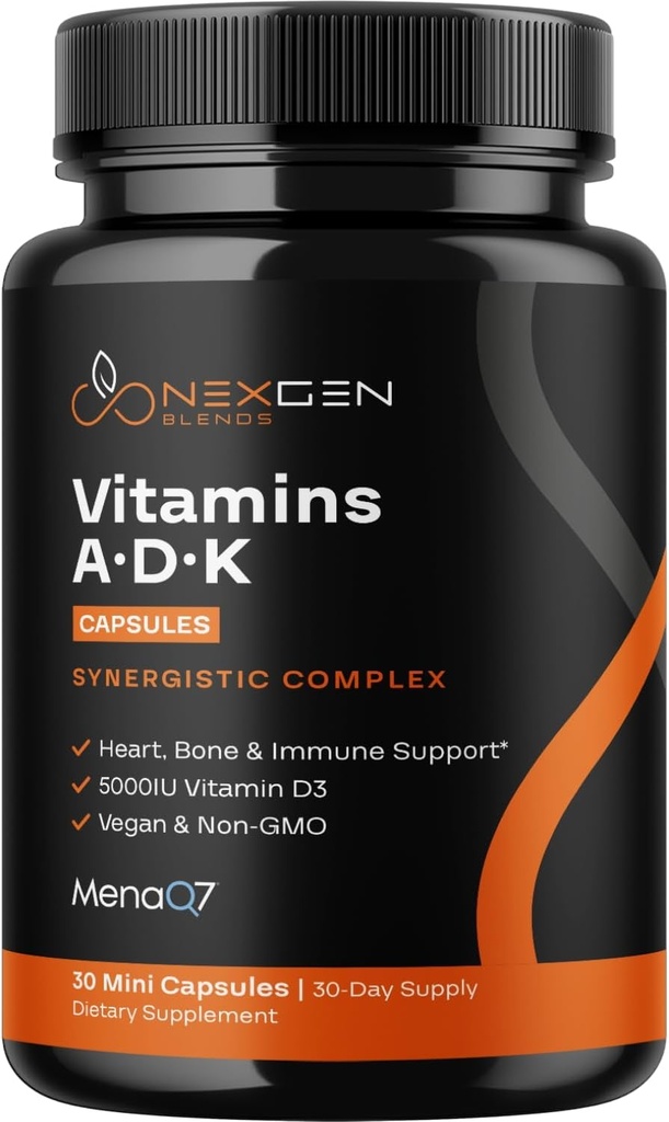 Suplimentul de vitamine ADK cu absorbţie mare - Vitamina Vegană D3 K2 MK7 & A pentru Regulamentul Calciului Plus Suportul tiroidian şi imun pentru inimă osoasă - Vitamina ADK cu 5000UI D3 Fără OMG-uri şi gluten gratuit (1 luni)