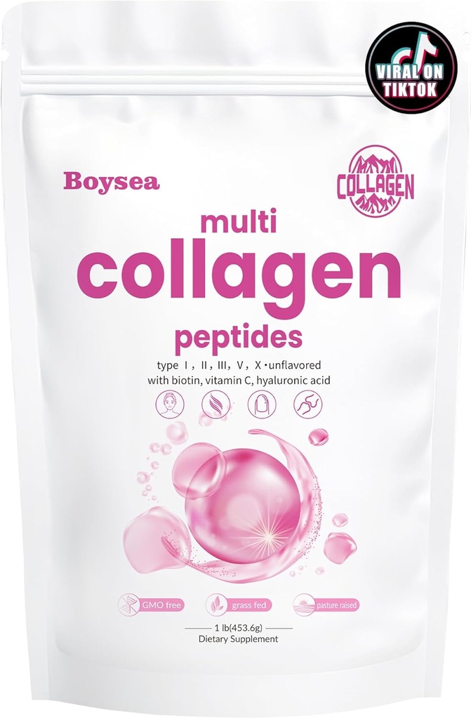 Boysea. Multi-Collagen Peptide pulbere - Hidrolizate Proteine Peptide Tipuri I, II, III, V, X cu Biotin & Vitamina C, Suporturi Piele, Păr, unghii, și articulații, Nearomate, Non-GMO, Gluten-Free, Easy Mix 1LB