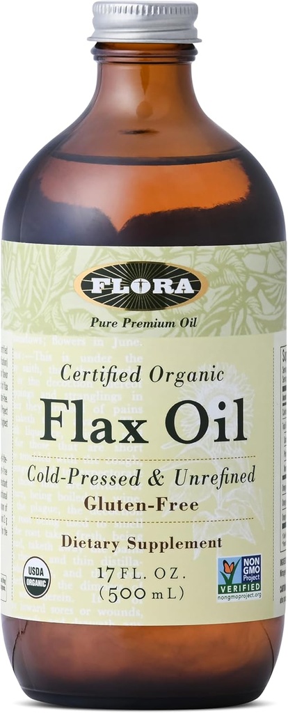 Flora - Ulei de in - presat la rece, nerafinat, ulei de semințe de in organic - Conține Omega-3 & Omega-6 - Non-GMO & Gluten-Free - Păstrați răcit - 17 fl. oz. Amber Sticla de sticlă
