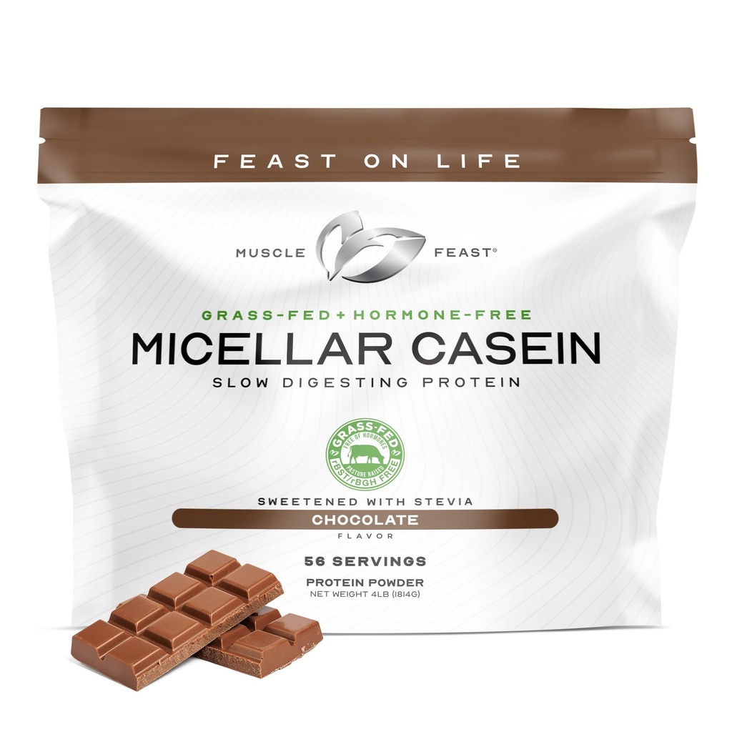Muscle Feast Grass Fed Micellar Casein Pulbere de proteine, Pasture Crescute & Hormone gratuit, Slow Digesting Proteina de cazeină - Sprijină Overnight Recovery musculare, Gluten pulbere de proteine gratuite - Ciocolată, 4lb