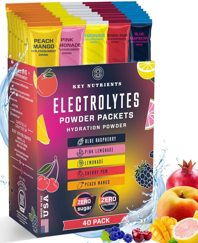 KEY NUTRIENTS 40 Pachete de hidratare multivitamine - 5 arome delicioase - Electroliți Pachete cu pulbere fără zahăr - Fără calorii, Gluten gratuit, Keto - 40 Serviri - Made in USA