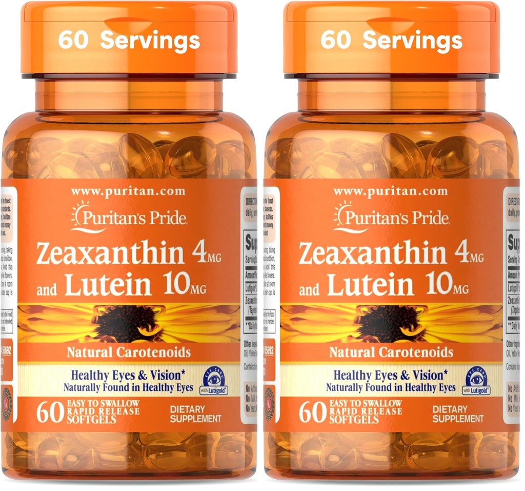 Puritan's Pride Zeaxantină 4mg cu lutein 10mg, Suportă ochii sănătoşi şi viziune*, 60 ct (Pachet de 2)