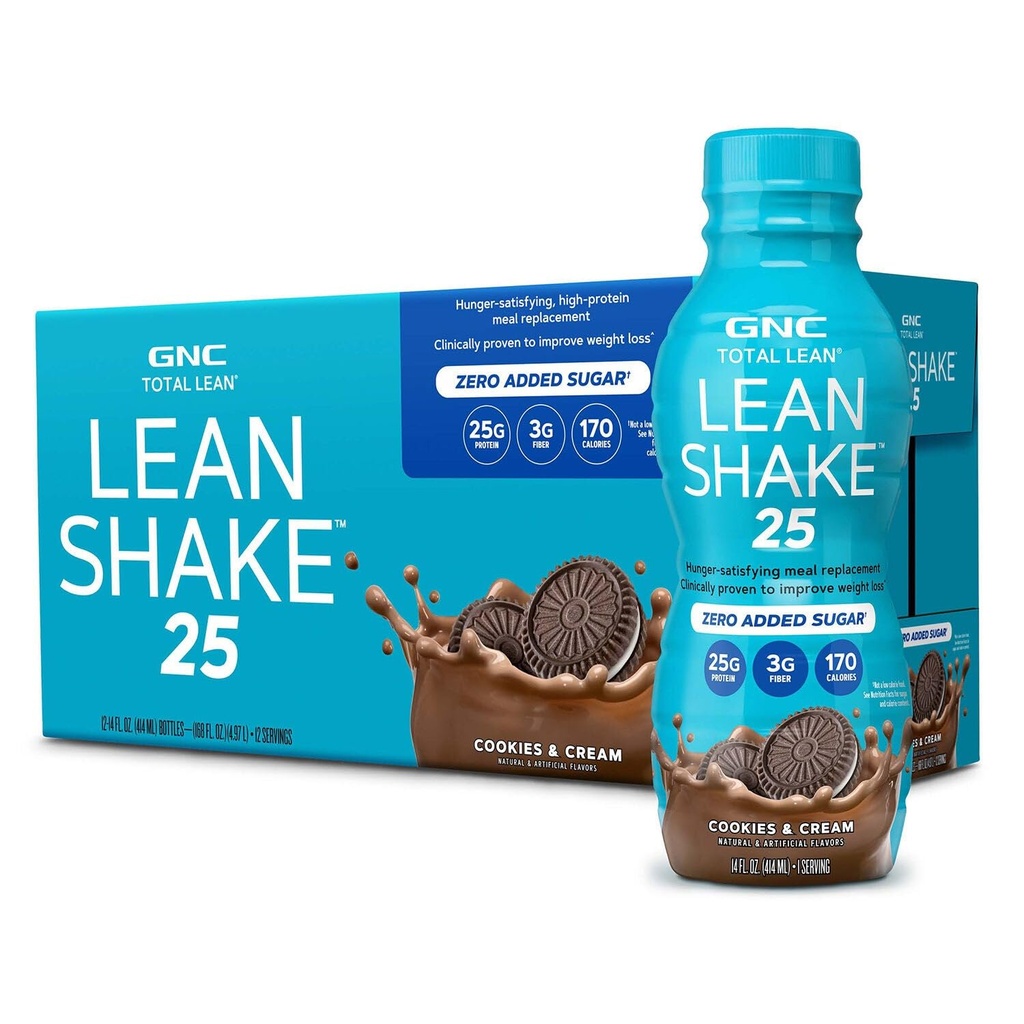 GNC Lean Shake 25 Proteine Shake, Clinic dovedit greutate de management, Mese de înlocuire, 25g Proteina cu Zero Adăugat zahăr, gata pentru a bea, cookie-uri și Cream, Pachet de 12
