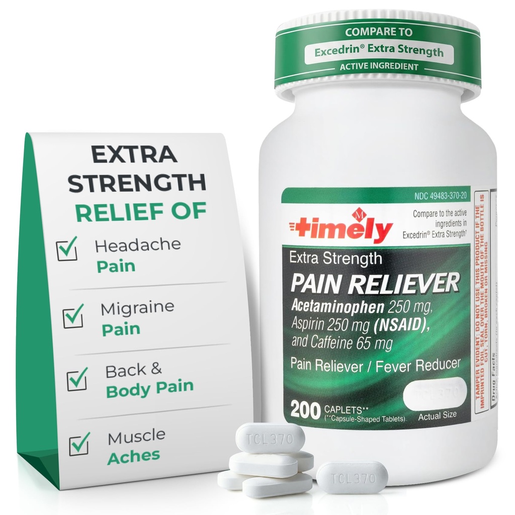Timpul-CAP LABS, INC. Relief pentru dureri de cap - Acetaminofen cu aspirină şi cafeină (200 caplete) - Cefalee, Migrenă şi dureri de spate şi dureri musculare - Extra Putere - Made in USA