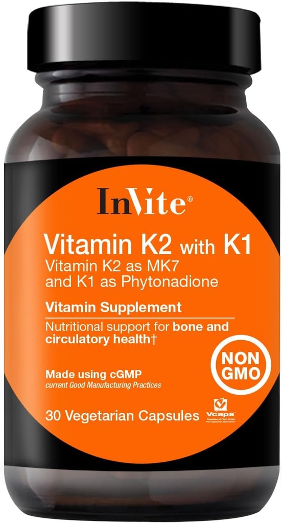 Invită sănătate Vitamina K2 cu K1 - susține sănătatea osoasă și circulatorie - Vitamina K2 ca MK7 și K1 și Phytonadionă - 30 Capsule vegetariene