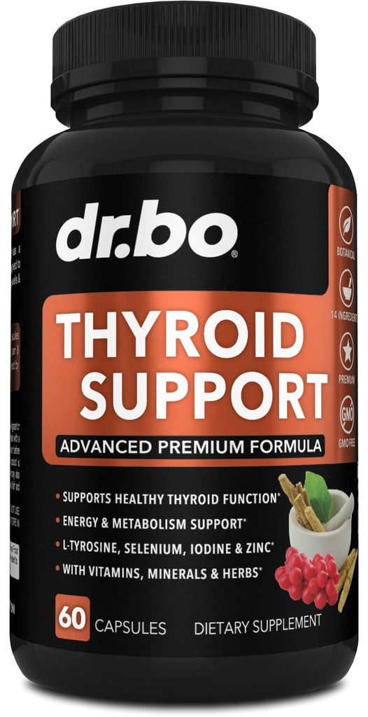 Suport tiroidian pentru femei și bărbați Supliment - Metabolism natural, Mood & Energizant cu L-Tyrosine Seleniu Iod Zinc Bladderwrack Kelp & Ashwagandha Supliment tiroidian Complex Vitamina 60 pastile
