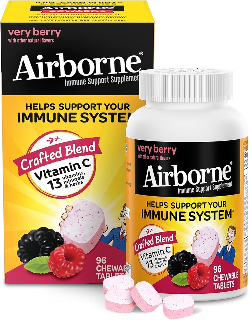 Aeroborne 1000mg Vitamine Chewable comprimate cu zinc, Immune Supplement with Powerful Antioxidants Vitamine A C & E - 96 Chewable Tablets, Very Berry Flavor