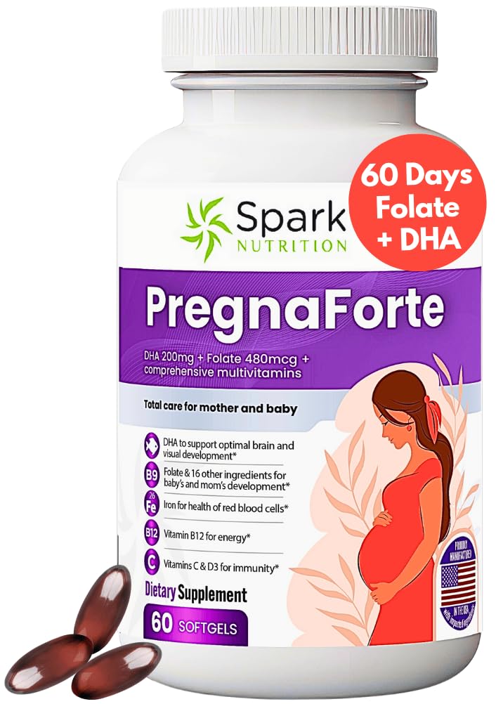 Pregnaforte 1 pe zi vitamine prenatale pentru femei 2 luni: acid folic, ulei de pește Omega 3 DHA/EPA, vitamina D3, B6, Vitmain B12, C, E, Calciu, Fier, Magneziu, supliment de zinc FSA HSA multivitamine eligble