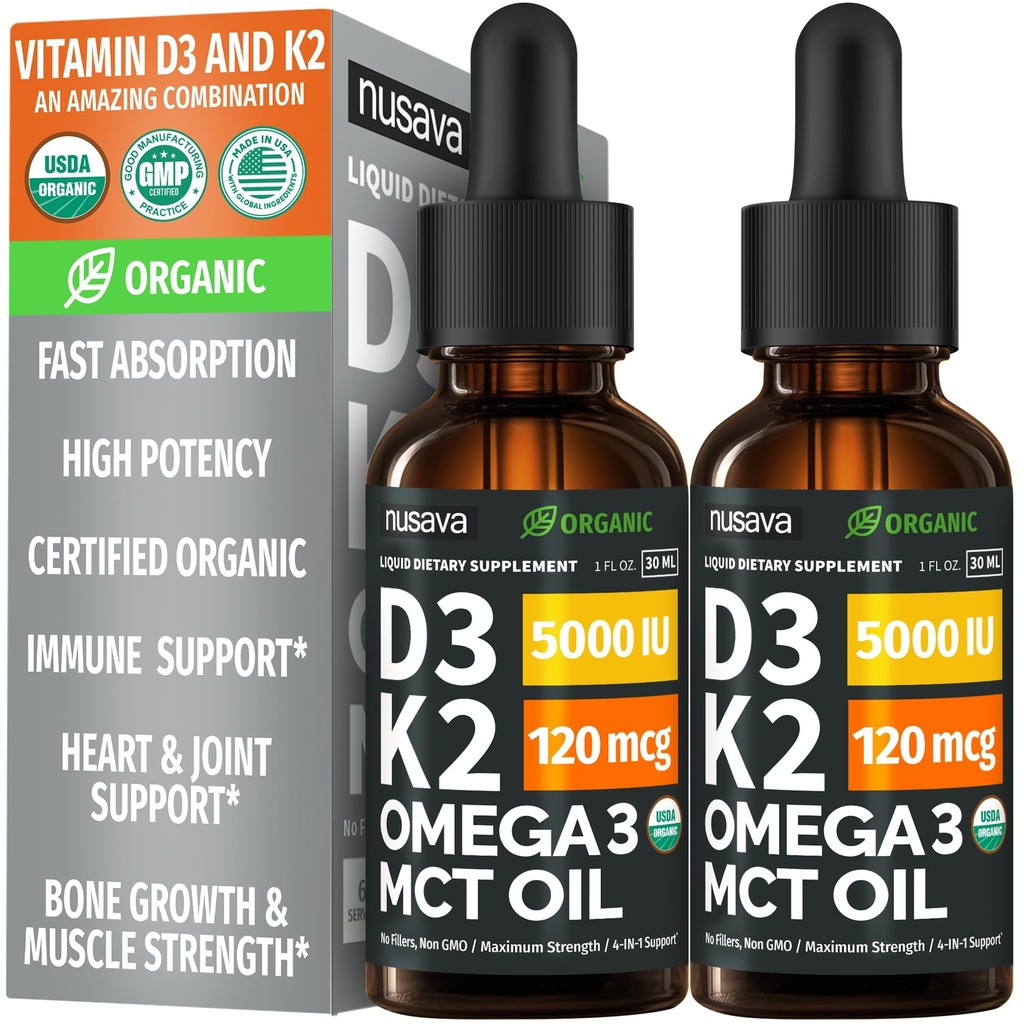 2 Pachet) Vitamina organică D3 K2 picături cu ulei MCT Omega 3, 5000 UI 